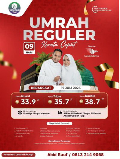 Umrah Reguler 9 Hari, Kereta Cepat, Btt Ahz, Keberangkatan 19 Juli 2026